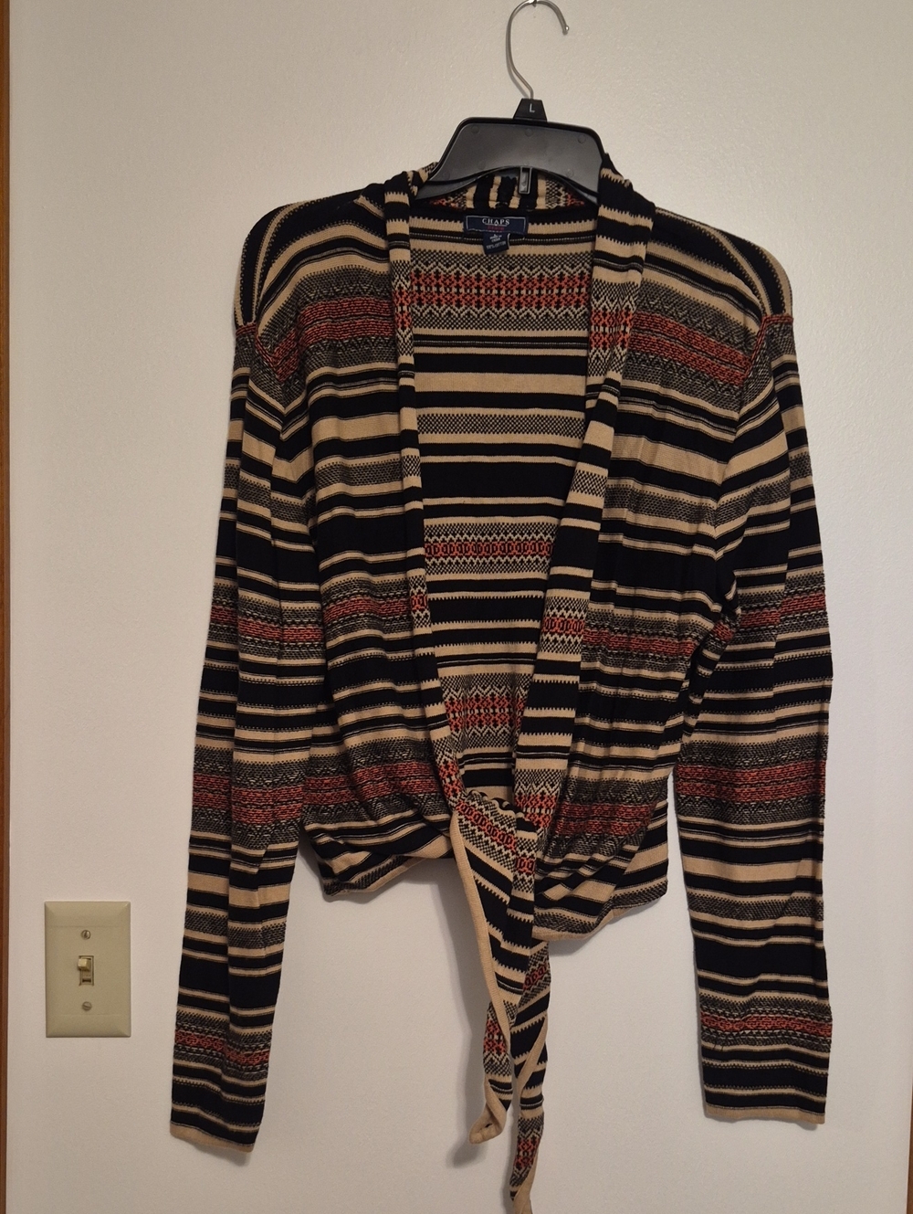 Chaps Black, Cream & Rust Striped Tie-Front Cardigan SZ L